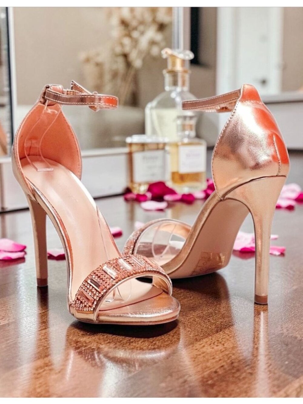 Rose Gold Ankle Strap Stiletto Heels With Rhinestone Embellished Open Toe Design